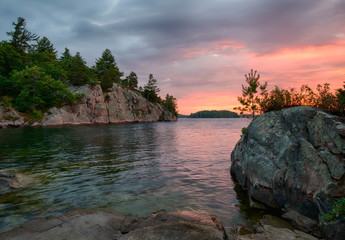 USA, New York State. Sunrise on the St. Lawrence River, Thousand Islands.