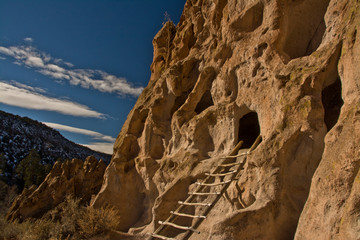 Ancient Pueblo, reconstructed ladder, Bandelier National Monument, New Mexico, USA