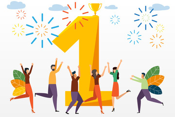 Winner business team, Victory in the first place, Number one, Joyful people around the winner number one. Concept of achieving a business goal vector, Vector illustration.