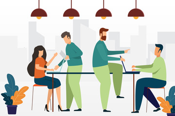 Business people meeting with discussion and working together in a coworking space they are connecting with computers. business people discussing a project and solutions for business. teamwork concept.