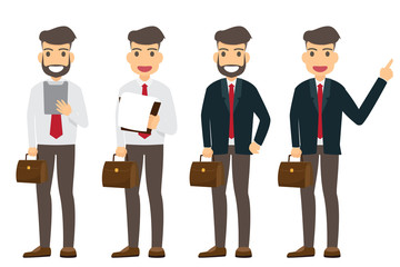Collection of businessman character happy and working on isolated. Successful cartoon business character vector illustration. Character of business people in various pose.