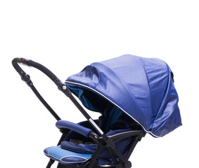 Blue pushchair isolated on white background