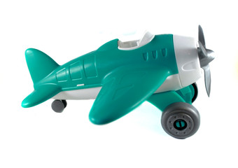  toy airplane with a propeller, on wheels, azure, white, gray, without pilot, side view