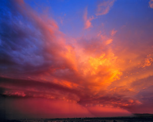 Fototapeta premium USA, Nevada. Storm clouds color with the setting sun over the Nevada desert.