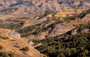 USA, North Dakota, Theodore Roosevelt National Park, View from Bentonitic Clay Overlook with...