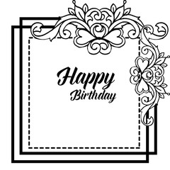 Pattern art flower frame, design elegant, branches leaves, for greeting card happy birthday. Vector