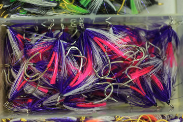Close-up of fly fishing lures.