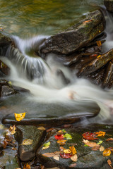 Fototapeta na wymiar USA, Pennsylvania, Ricketts Glen State Park. Detail of unnamed waterfall with autumn leaves