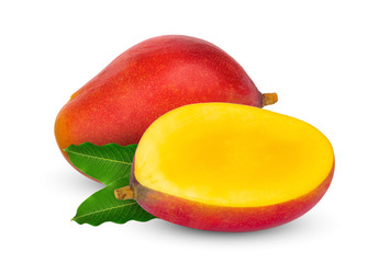 whole and half ripe mango with leaf isolated on white background