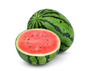 whole and half watermelon fruit isolated on white background