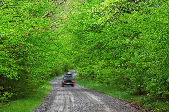 Sport utility vehicle in motion on gravel road to Tremont, Walker Valley, Great Smoky Mountains National Park, TN