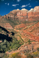 USA, Utah, Zion NP. The main highway of Zion National Park, Utah, offers a panoramic view of the canyon.