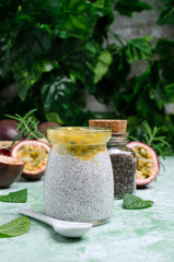 Dairy dessert with chia seeds and passion fruit