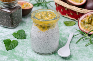 Dairy dessert with chia seeds and passion fruit