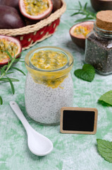 Dairy dessert with chia seeds and passion fruit