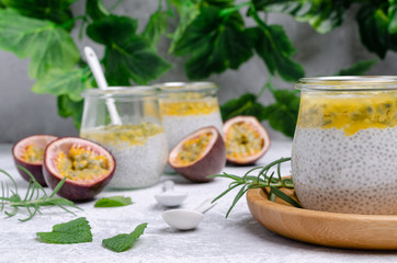 Dairy dessert with chia seeds and passion fruit