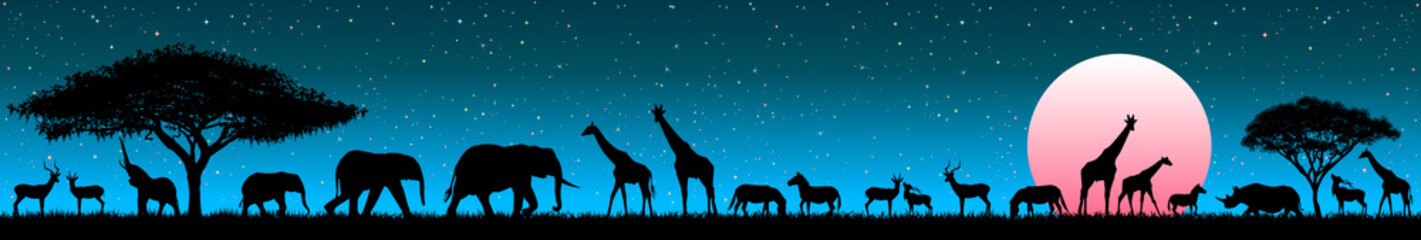 Animals in the wild savannah at sunrise. Silhouettes of wild animals of the African savannah. Set of different wild animals of Africa. African animals against the starry sky and the rising sun
