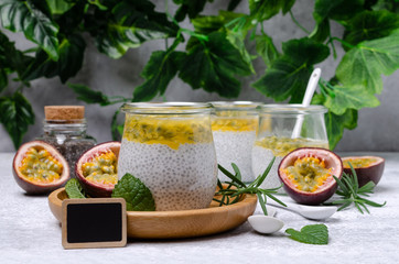Dairy dessert with chia seeds and passion fruit