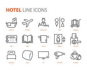 set of hotel icons, such as bed room, lobby, travel, airplane