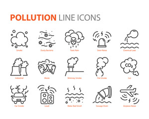 set of pollution line icons, such as dust, noise, sewage, emission