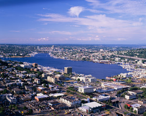 WA, Seattle, Lake Union & North Seattle; view from the Space Needle