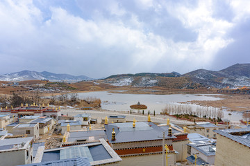 Panorama view of Songzanlin Monastery. The Tibet Traditional Architecture Characteristics is the...