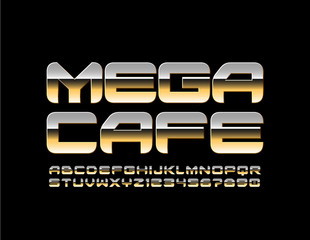 Vector luxury emblem Mega Cafe. Stylish Golden Font. Chic Alphabet Letters and Numbers