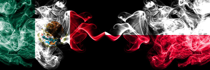 Mexico vs Poland, Polish smoky mystic flags placed side by side. Thick colored silky abstract smokes banner of Mexican and Poland, Polish