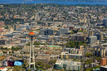 Aerial view of the Seattle Center and environs in Seattle, Washington State, USA. Space Needle roof...