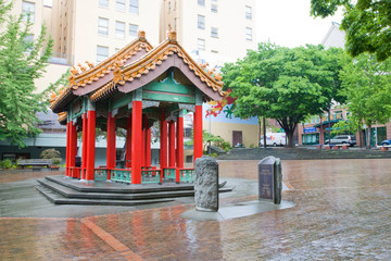 WA, Seattle, The Grand Pavilion, in Hing Hay Park, a rainy Seattle day