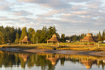 US, WA, La Conner. Sunrise view of Swinomish Indian Tribal Community park Swinomish Channel