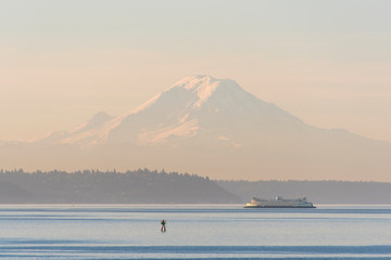 USA, Washington State. Mt. Rainier in morning light. Calm Puget Sound ferry crossing