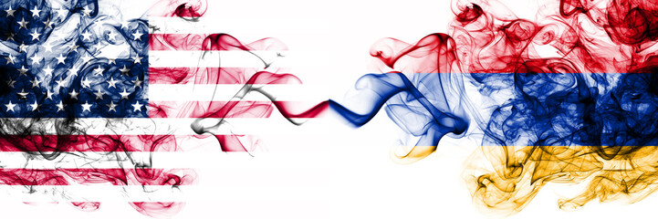 United States of America vs Armenia, Armenian smoky mystic flags placed side by side. Thick colored silky abstract smokes banner of America and Armenia, Armenian