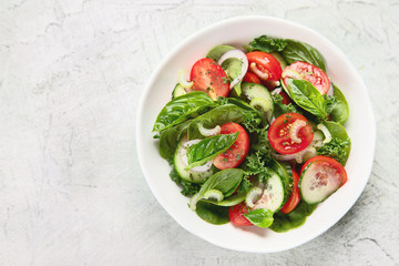 Healthy vegetables salad.. Vegan and vegetarian diet menu. Clean and detox eating concept. Top view with copy space