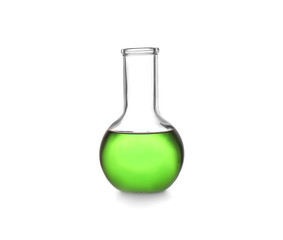 Florence flask with color liquid isolated on white. Solution chemistry