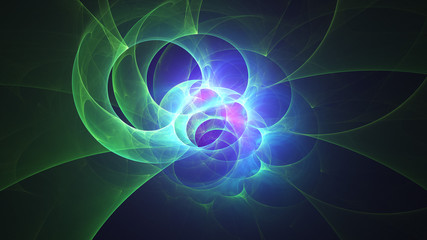 Abstract transparent blue and green crystal shapes. Fantasy light background. Digital fractal art. 3d rendering.