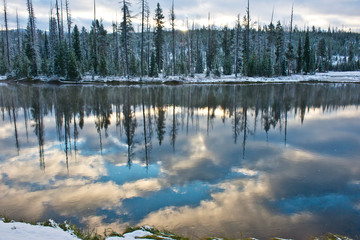 USA, Wyoming, Yellowstone National Park. Lewis River, winter morning reflections
