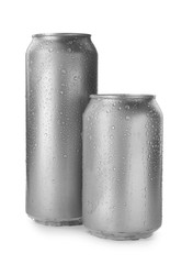 Aluminum cans of beverage covered with water drops on white background. Space for design