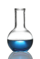 Florence flask with liquid on white background. Chemistry glassware