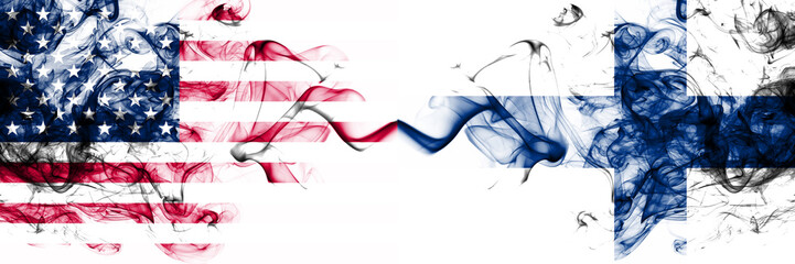United States of America vs Finland, FInnish smoky mystic flags placed side by side. Thick colored...