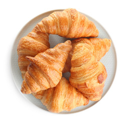 Plate with tasty croissants on white background, top view. French pastry
