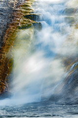 Hot water runoff from Grand Prismatic Spring and Excelsior Geyser, Midway Geyser Basin, Yellowstone...