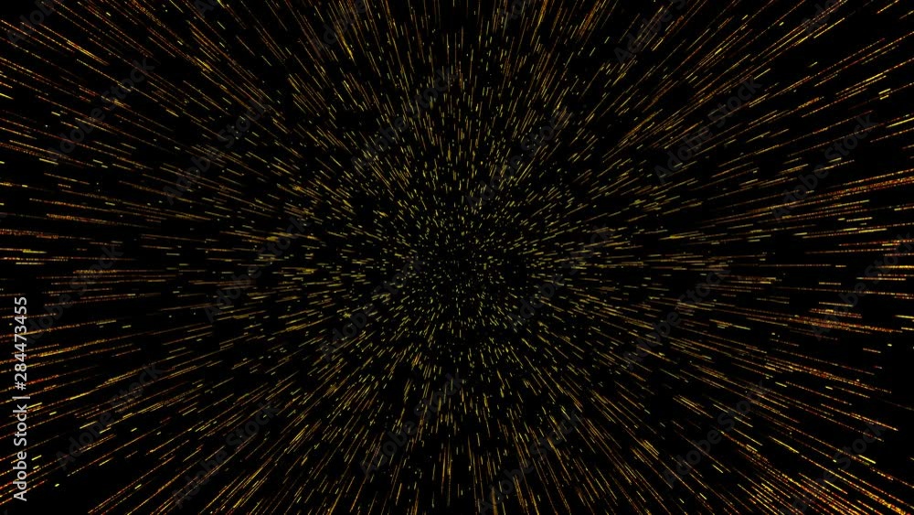Poster many colored particles with a train scatter in the direction of the observer from a dark endless spa
