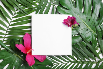 Flat lay composition with tropical leaves and Hibiscus flowers on white background. Space for text