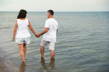 Happy mature couple walking together on sea beach. Space for text