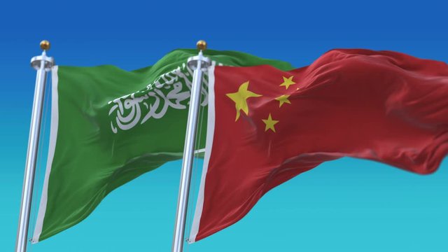 4k Seamless Saudi Arabia and China Flags with blue sky background,A fully digital rendering,The animation loops at 20 seconds,KSA CN.