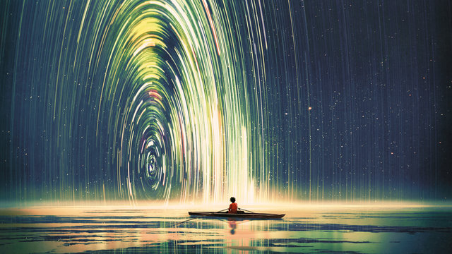 Fototapeta Chłopiec wiosłujący w łodzi po morzu gwiaździstej nocy z tajemniczym światłem grafika do pokoju