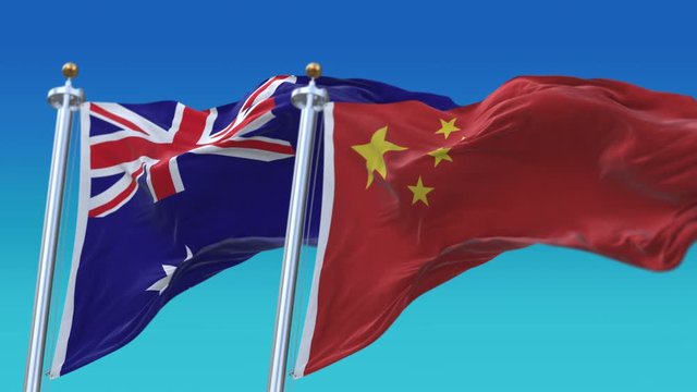 4k Seamless Australia and China Flags with blue sky background;A fully digital rendering;The animation loops at 20 seconds;AUS AU CHN CN.