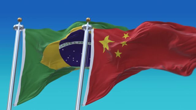 4k Seamless Brazil and China Flags with blue sky background;A fully digital rendering;The animation loops at 20 seconds;BRA BR CHN CN.