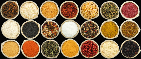 The texture of spices. Seasoning panel. View from above. Seasoning in the bag.